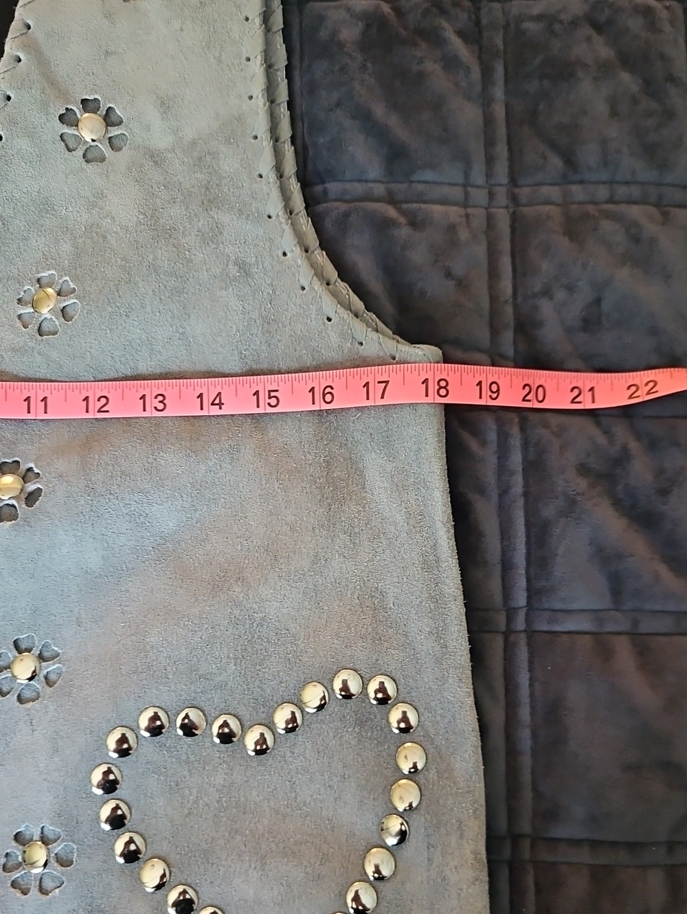 NWT Understated Leather x Free People 100% Suede Heart Stud Vest, Gray Blue, XS - Picture 7 of 9